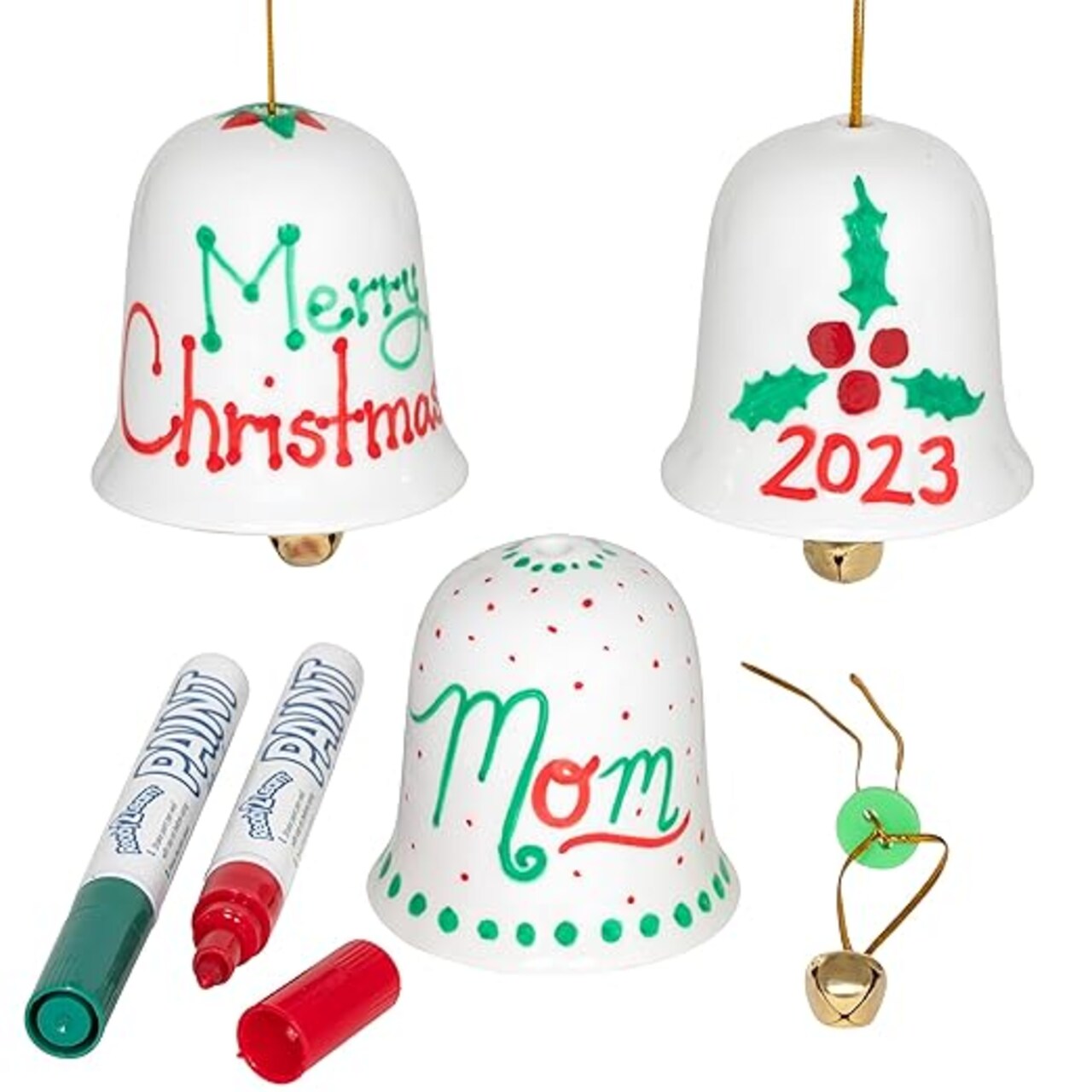Christmas Crafts - Design Your Own Porcelain Bells - Craft Kit for Kids - Christmas Tree Decorations - All Materials Included, Green,Red, Set of 3
